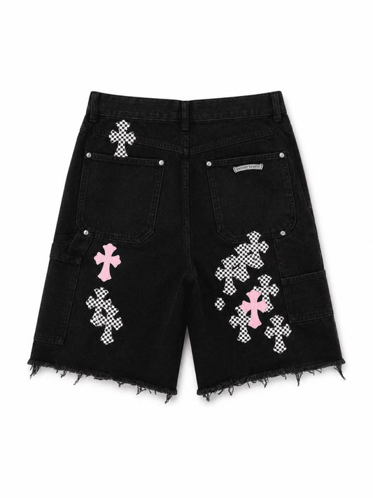 Chrome Hearts Checker Pink Cross Denim Shorts