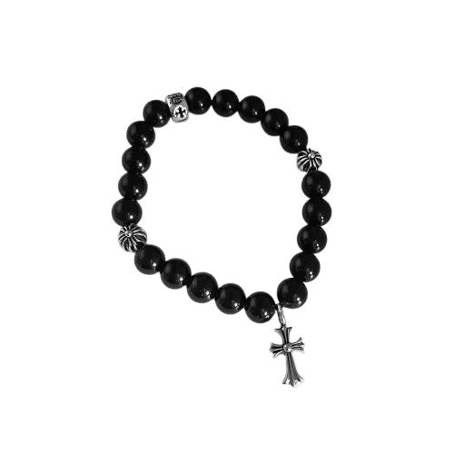 Chrome Hearts Black Bead Cross Charm Bracelet