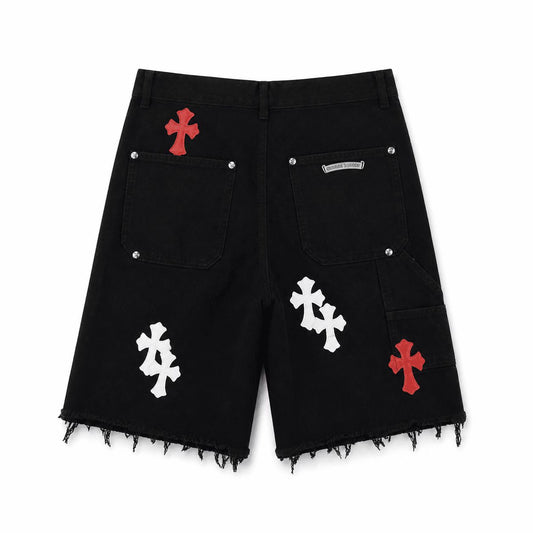 Chrome Hearts Red & White Cross Denim Shorts