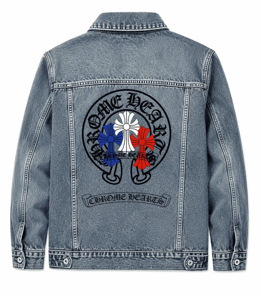 Chrome Hearts Triple Cross Logo Blue Denim Jacket