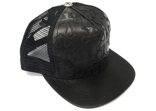 Chrome Hearts Cemetary Cross Leather Stitched Trucker Black Hat