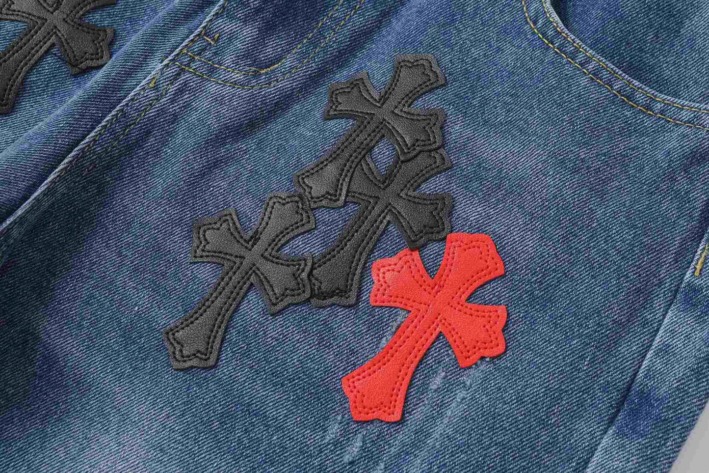 Chrome Hearts Red & Black Cross Patch Blue Jeans