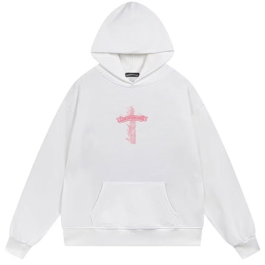 Chrome Hearts Pink Flame Cross White Hoodie