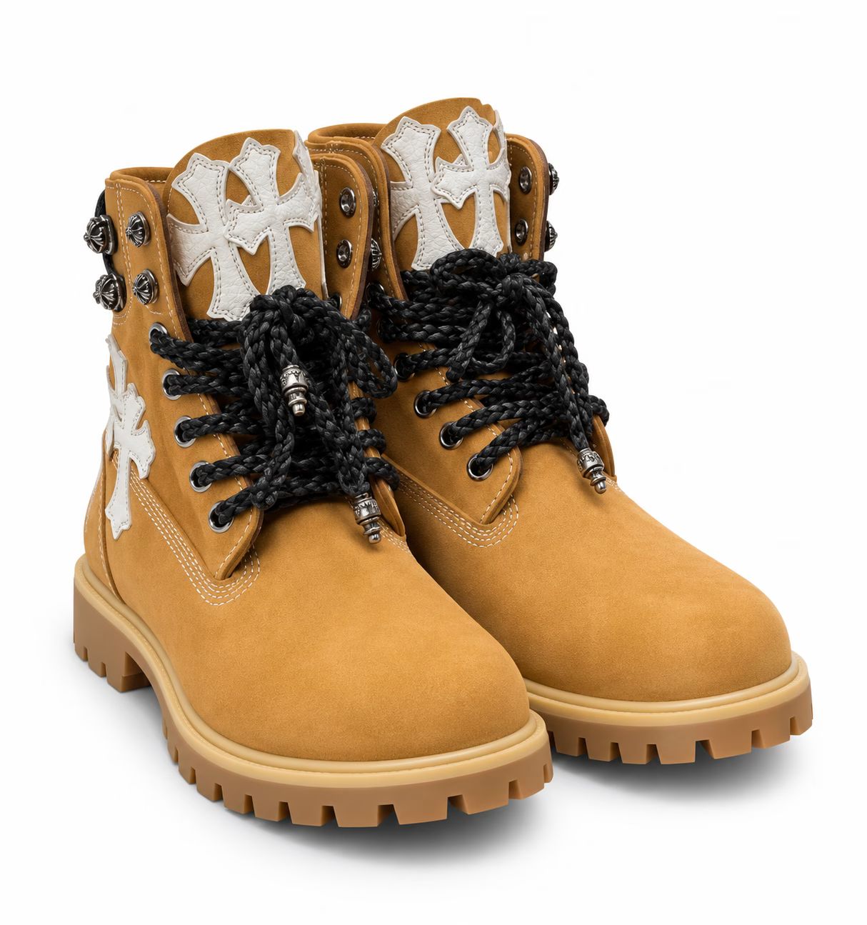 Chrome Hearts White Cross Patch Lace-Up Boots – Wheat