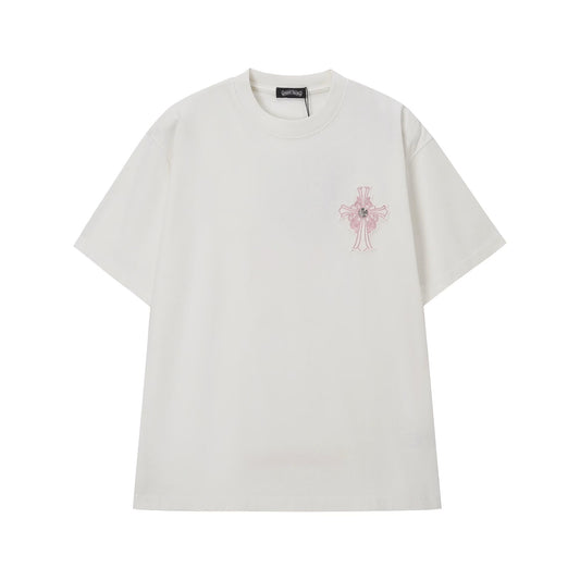 Chrome Hearts White Pink Cross Embroidered T-Shirt