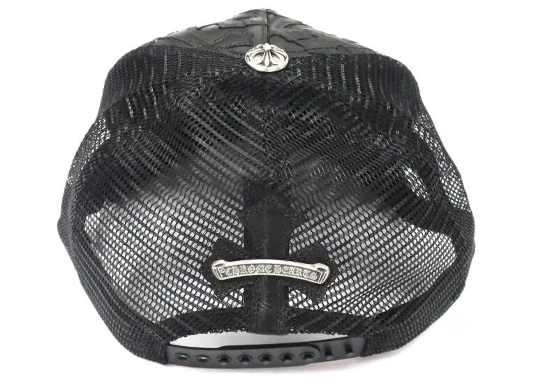 Chrome Hearts Cemetary Cross Leather Stitched Trucker Black Hat