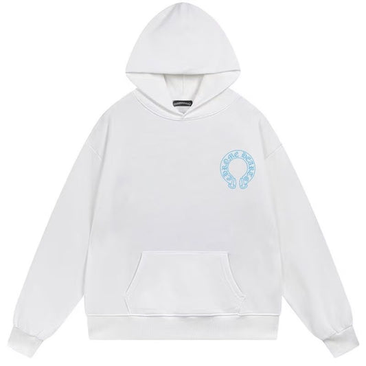Chrome Hearts Blue Cross Horseshoe Logo White Hoodie
