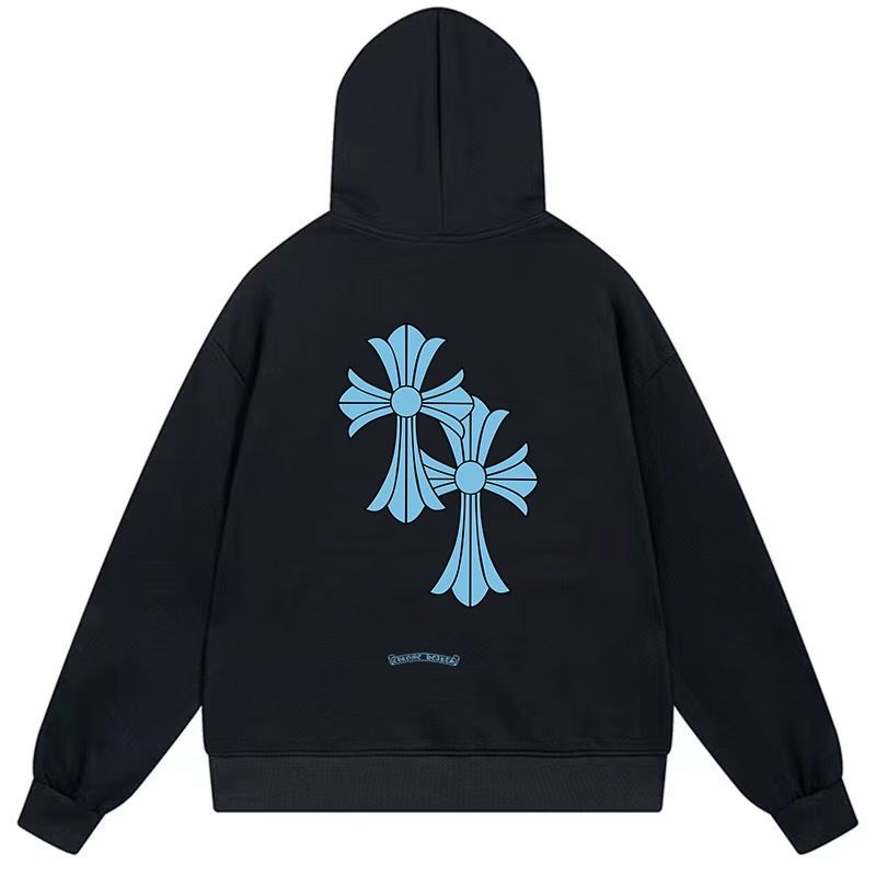 Chrome Hearts Blue Cross Horseshoe Logo Black Hoodie
