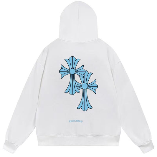 Chrome Hearts Blue Cross Horseshoe Logo White Hoodie