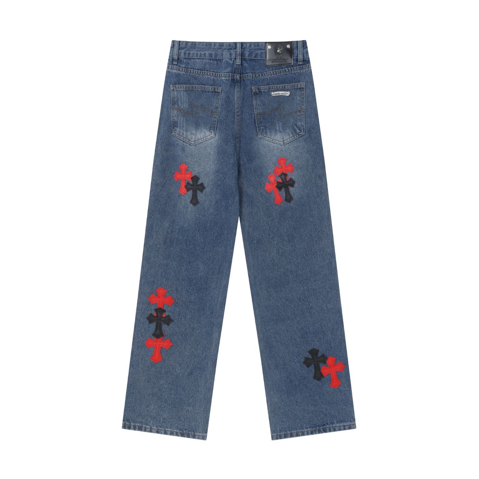 Chrome Hearts Red & Black Cross Patch Blue Jeans