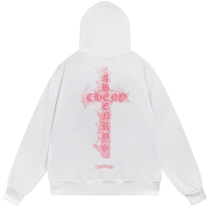 Chrome Hearts Pink Flame Cross White Hoodie