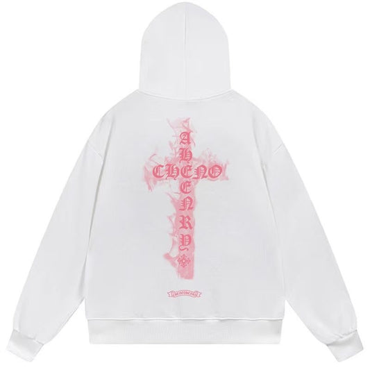 Chrome Hearts Pink Flame Cross White Hoodie