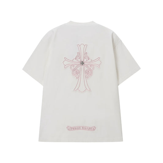 Chrome Hearts White Pink Cross Embroidered T-Shirt
