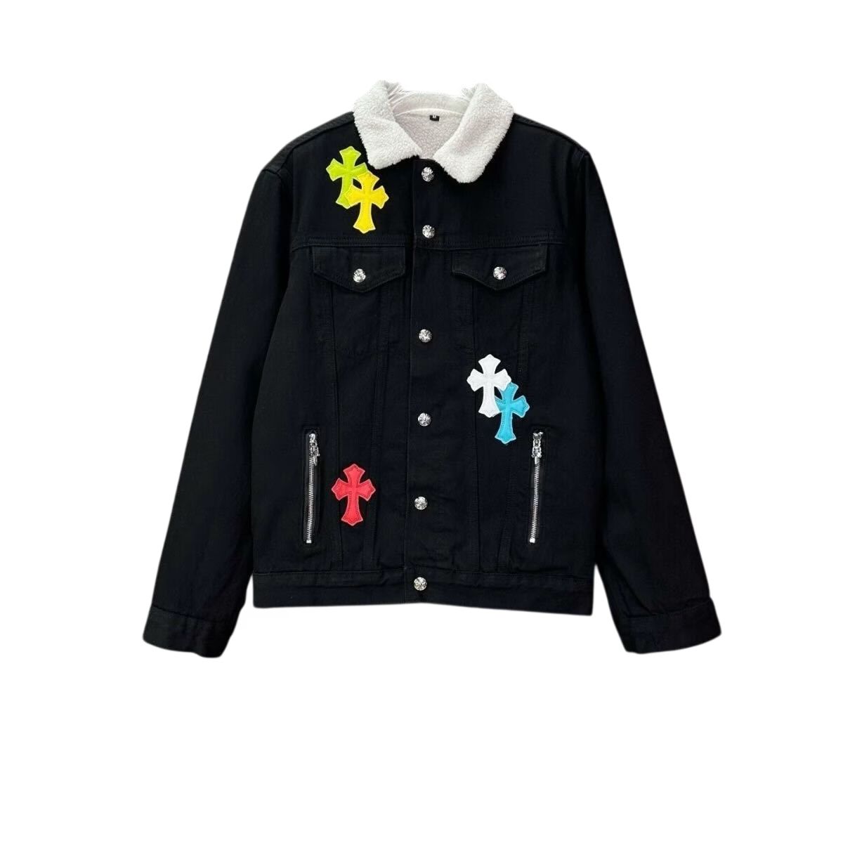 Chrome Hearts Denim Jacket With White Collar & Cross Patches