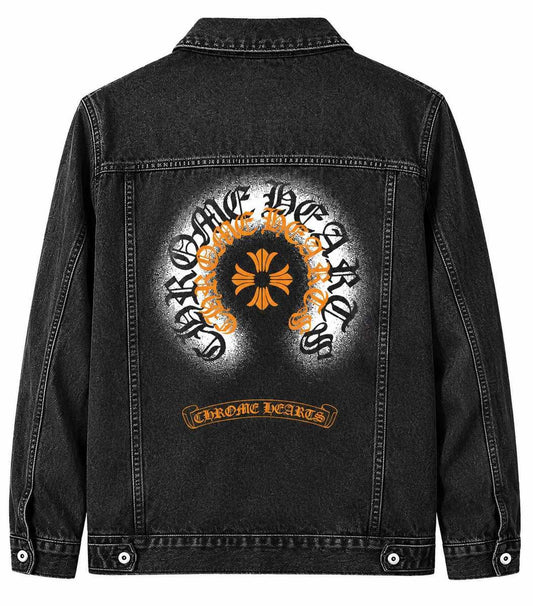 Chrome Hearts Black Orange Logo Denim Jacket