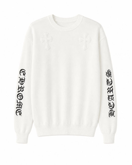 Chrome Hearts White Leather Cross Knit Sweater