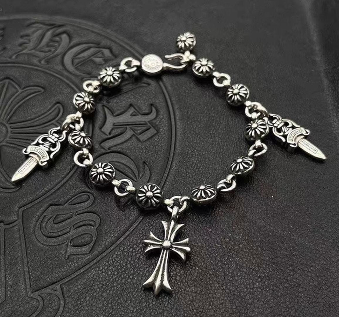 Chrome Hearts Floral Bead Cross Dagger Charm Bracelet