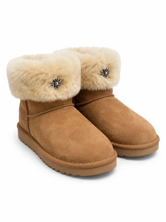 Chrome Hearts Gothic Cross Fur Cuff Ultra Mini UGG Boots
