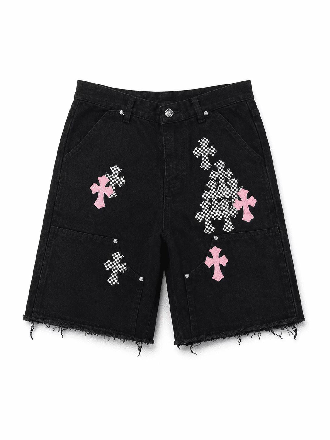 Chrome Hearts Checker Pink Cross Denim Shorts
