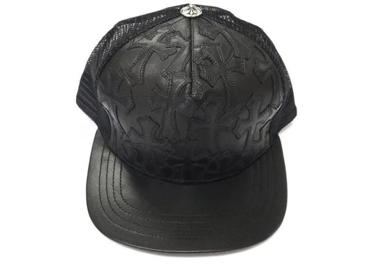 Chrome Hearts Cemetary Cross Leather Stitched Trucker Black Hat