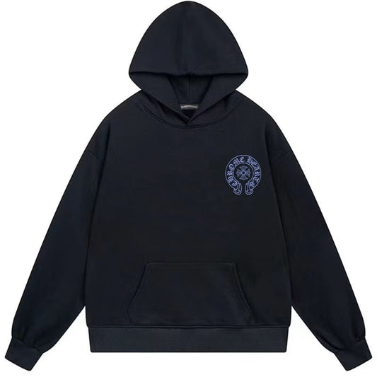 Chrome Hearts Blue Horseshoe Logo Black Hoodie