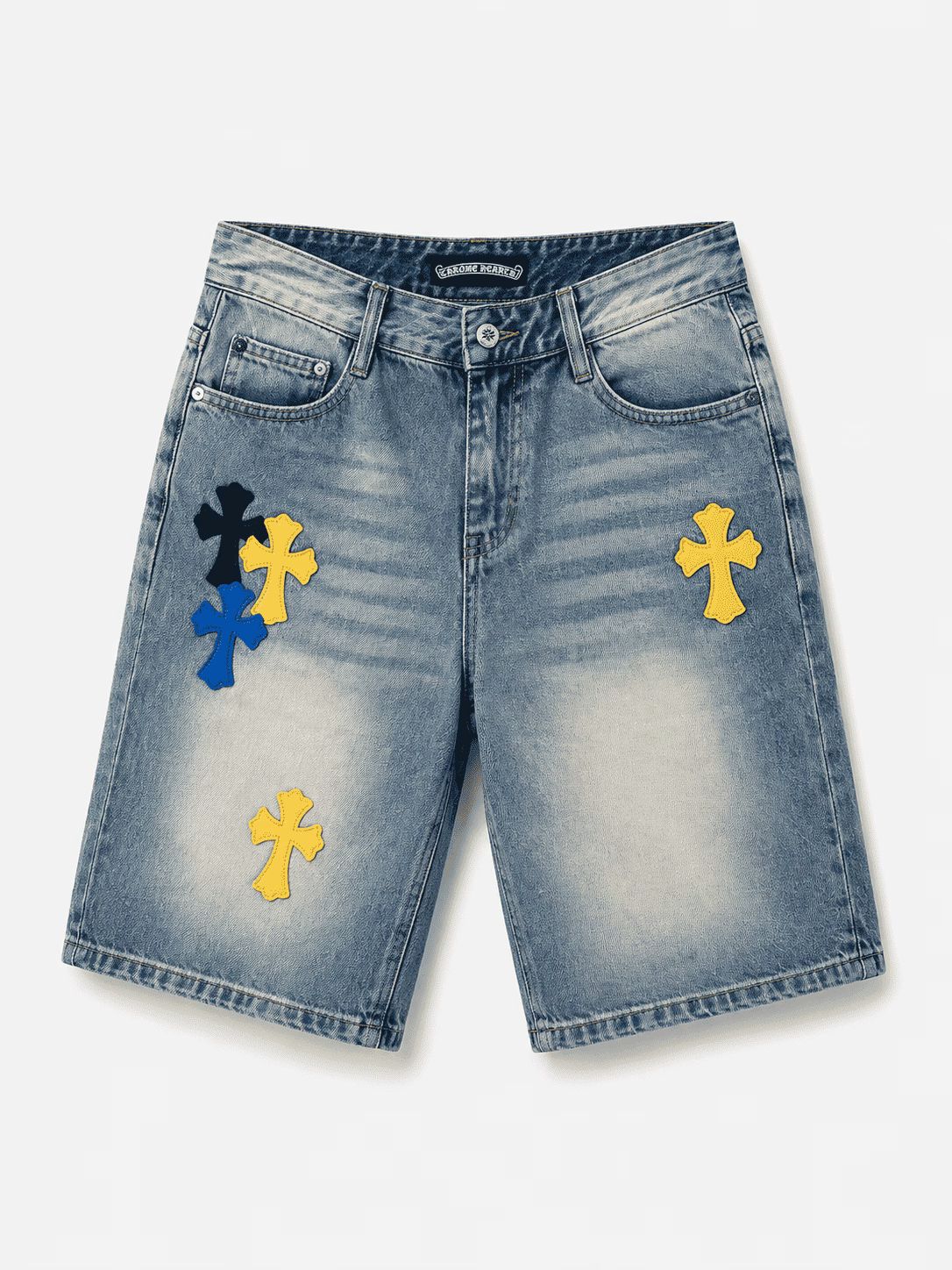 Chrome Hearts Multi Cross Patch Washed Denim Shorts