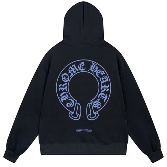 Chrome Hearts Blue Horseshoe Logo Black Hoodie
