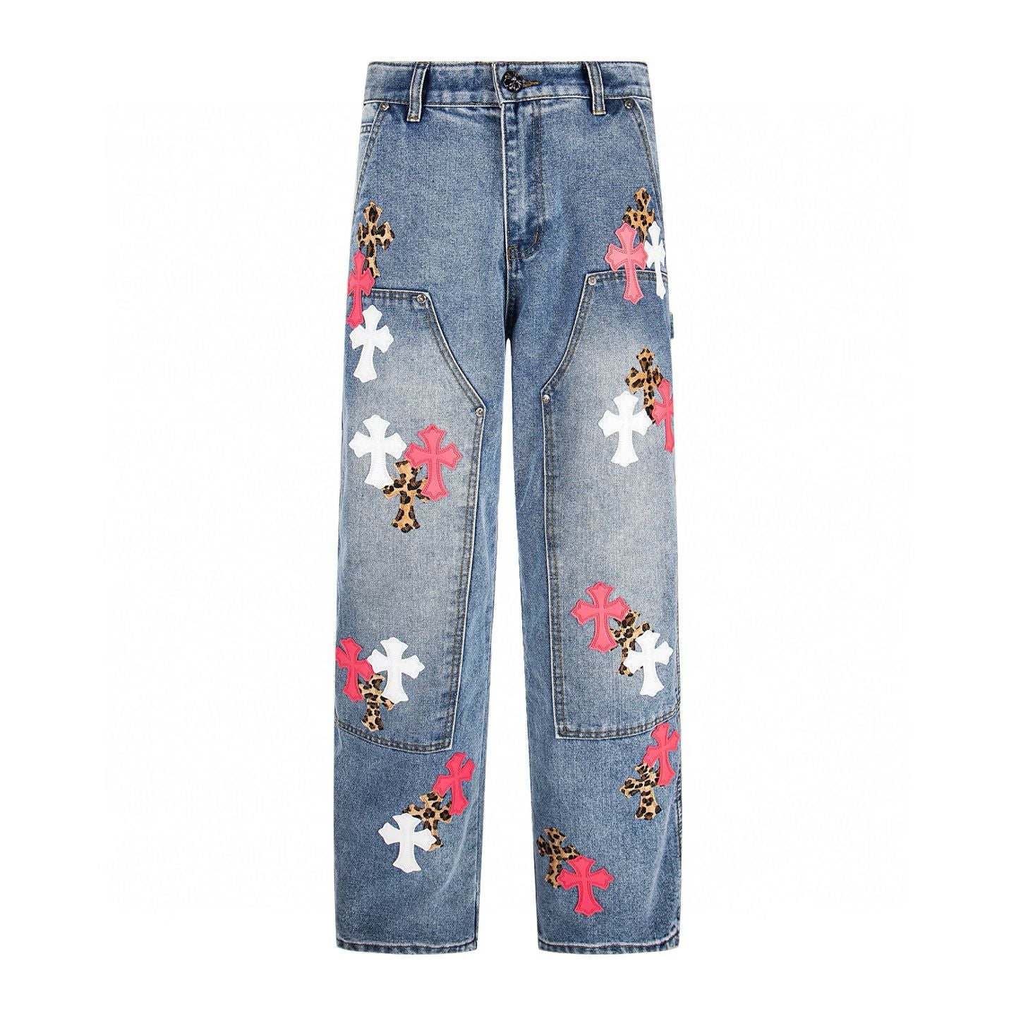 Chrome Hearts Pink Cross Patchwork Jeans