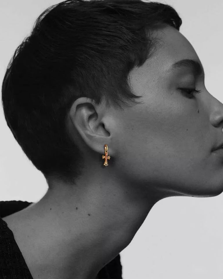 22K Gold Baby Cross Charm Earrings With Rubies