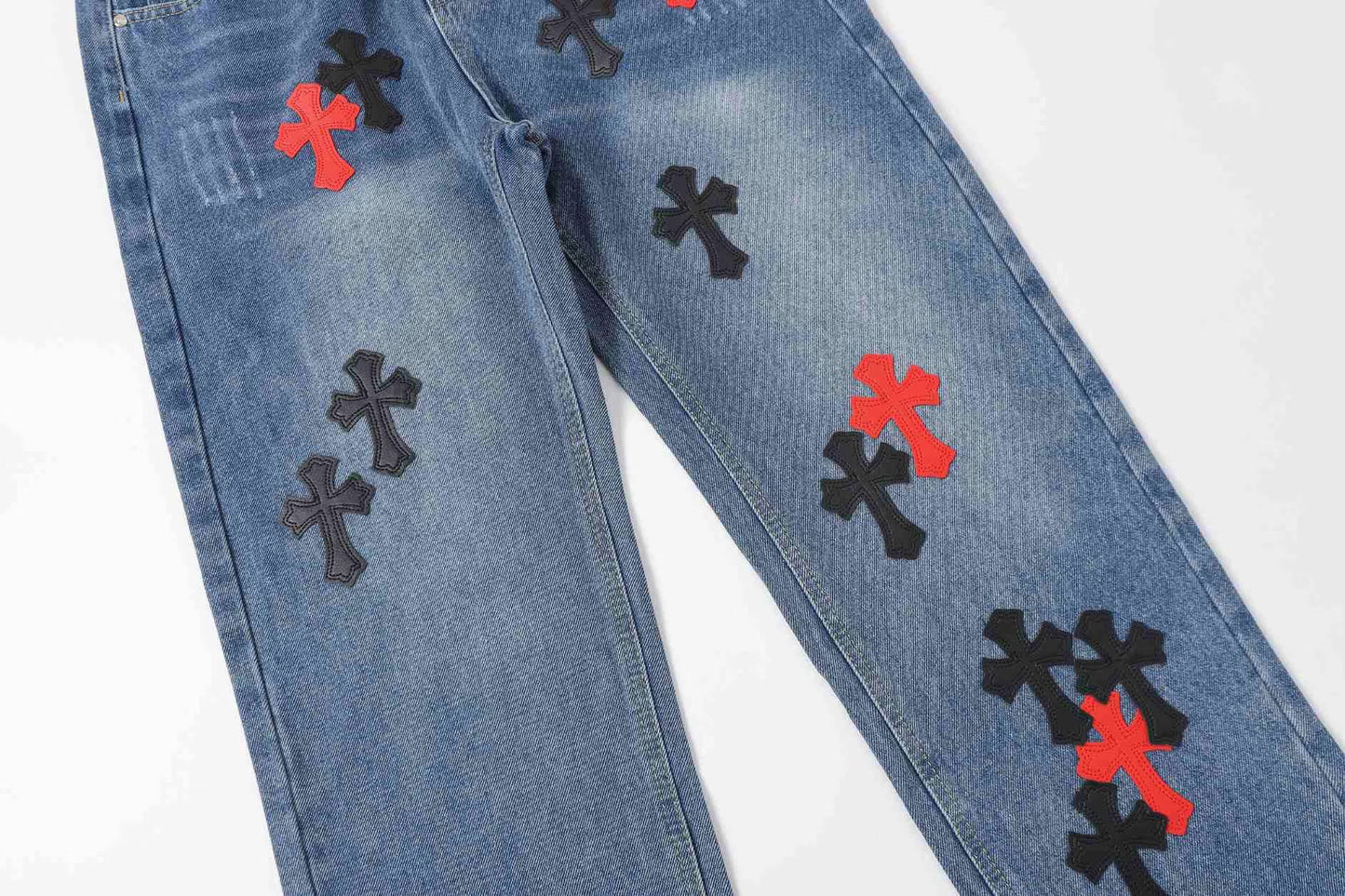 Chrome Hearts Red & Black Cross Patch Blue Jeans