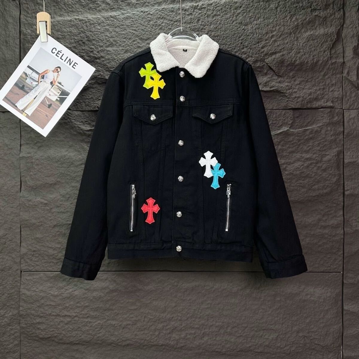 Chrome Hearts Denim Jacket With White Collar & Cross Patches
