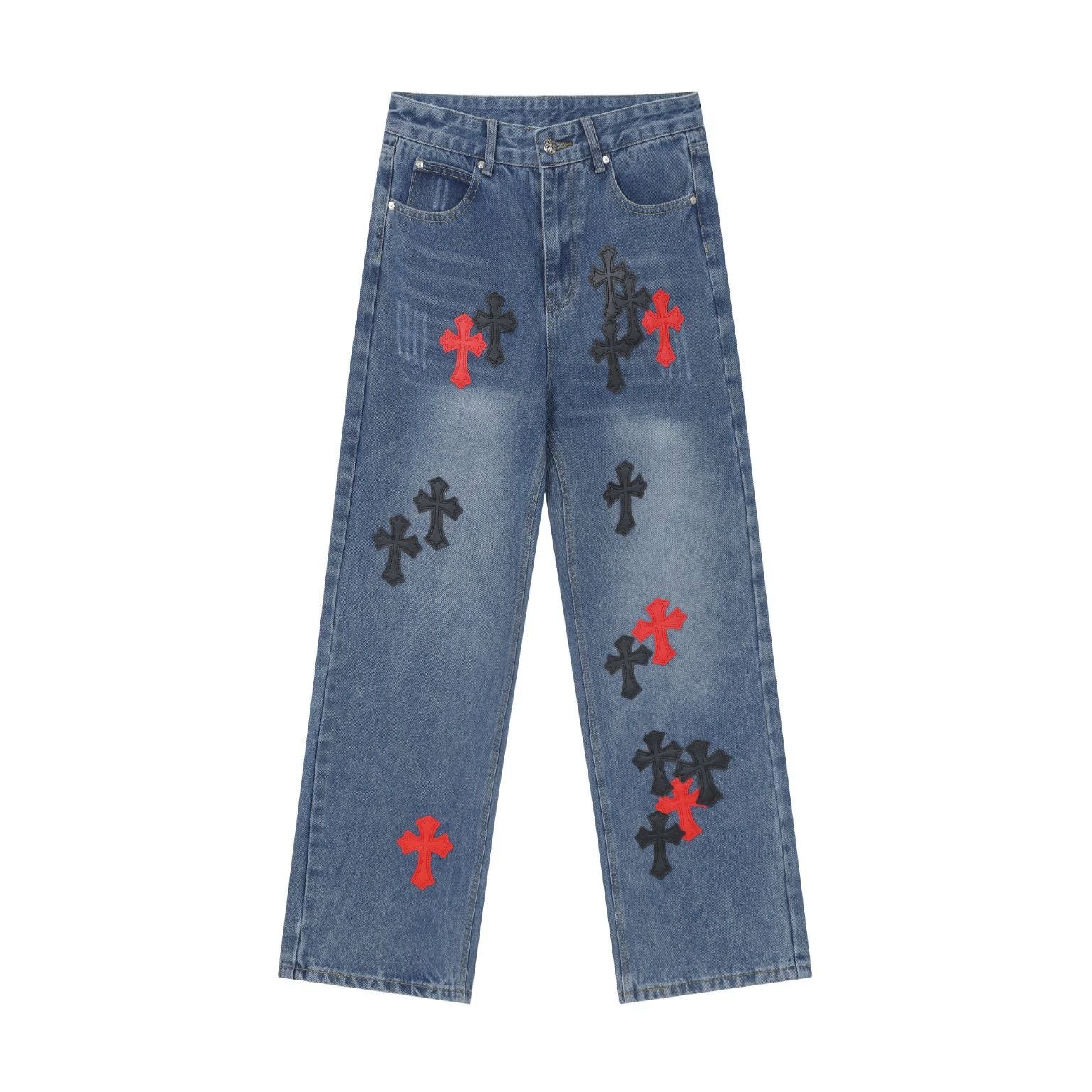 Chrome Hearts Red & Black Cross Patch Blue Jeans