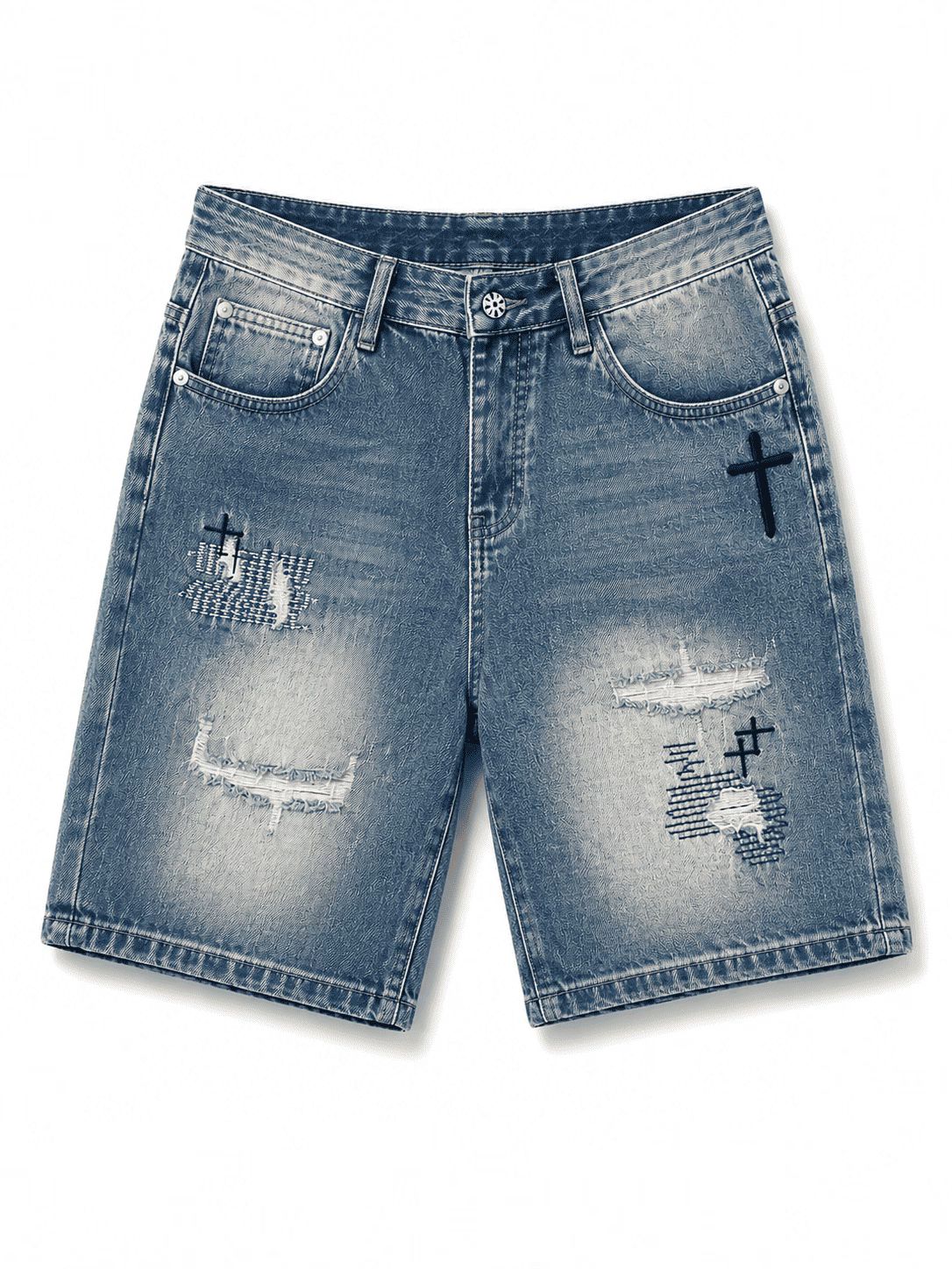 Chrome Hearts Distressed Cross Embroidery Denim Shorts