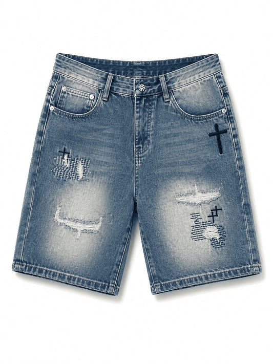 Chrome Hearts Distressed Cross Embroidery Denim Shorts