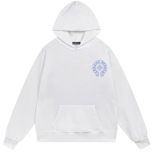 Chrome Hearts Blue Horseshoe Logo White Hoodie