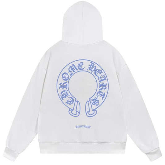 Chrome Hearts Blue Horseshoe Logo White Hoodie