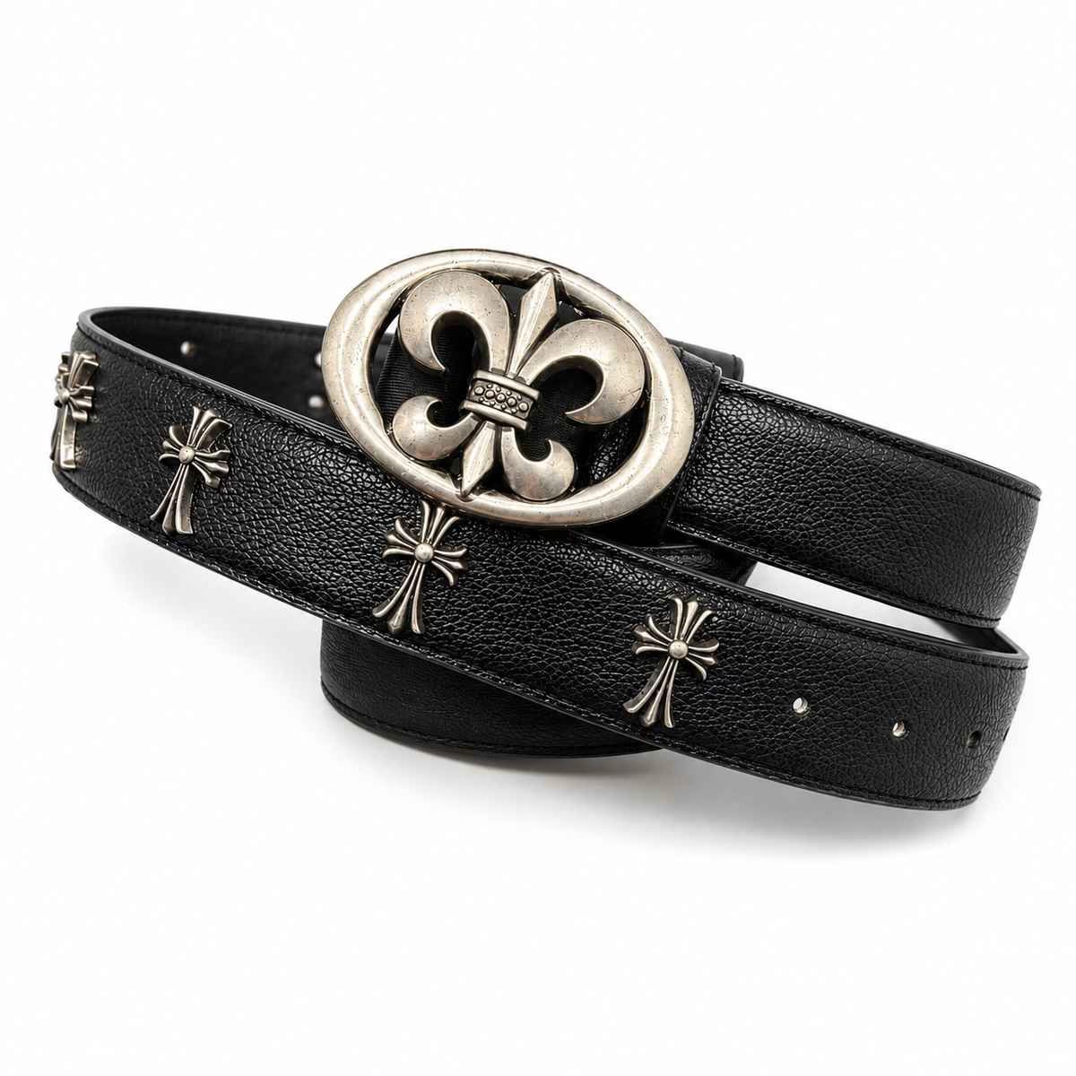 Chrome Hearts Silver Cross Oval Buckle Leather Belt